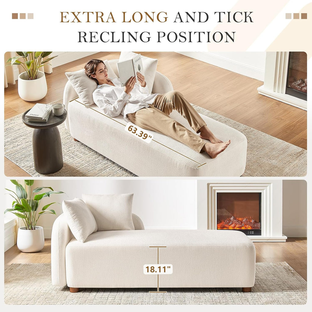 68.9" Chaise Lounge Chair Indoor with Left Facing, Chenille Beige | 2 Throw Pillows, Comfy Reading Chair, Oversized Upholstered Sleeper Chair for Living Room, Bedroom, Apartment