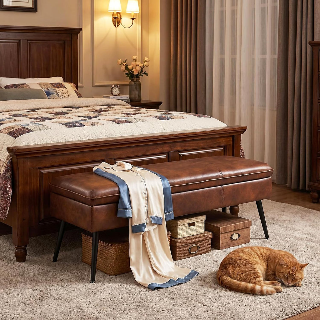 Ottoman with Storage Bench, Upholstered Large Entry Bench Brown | 43.3" Mid-Century Modern End of Bed Bench w/ Flip-Lid Metal Legs Padded Seat for Living Room Bedroom Entryway, Faux Leather