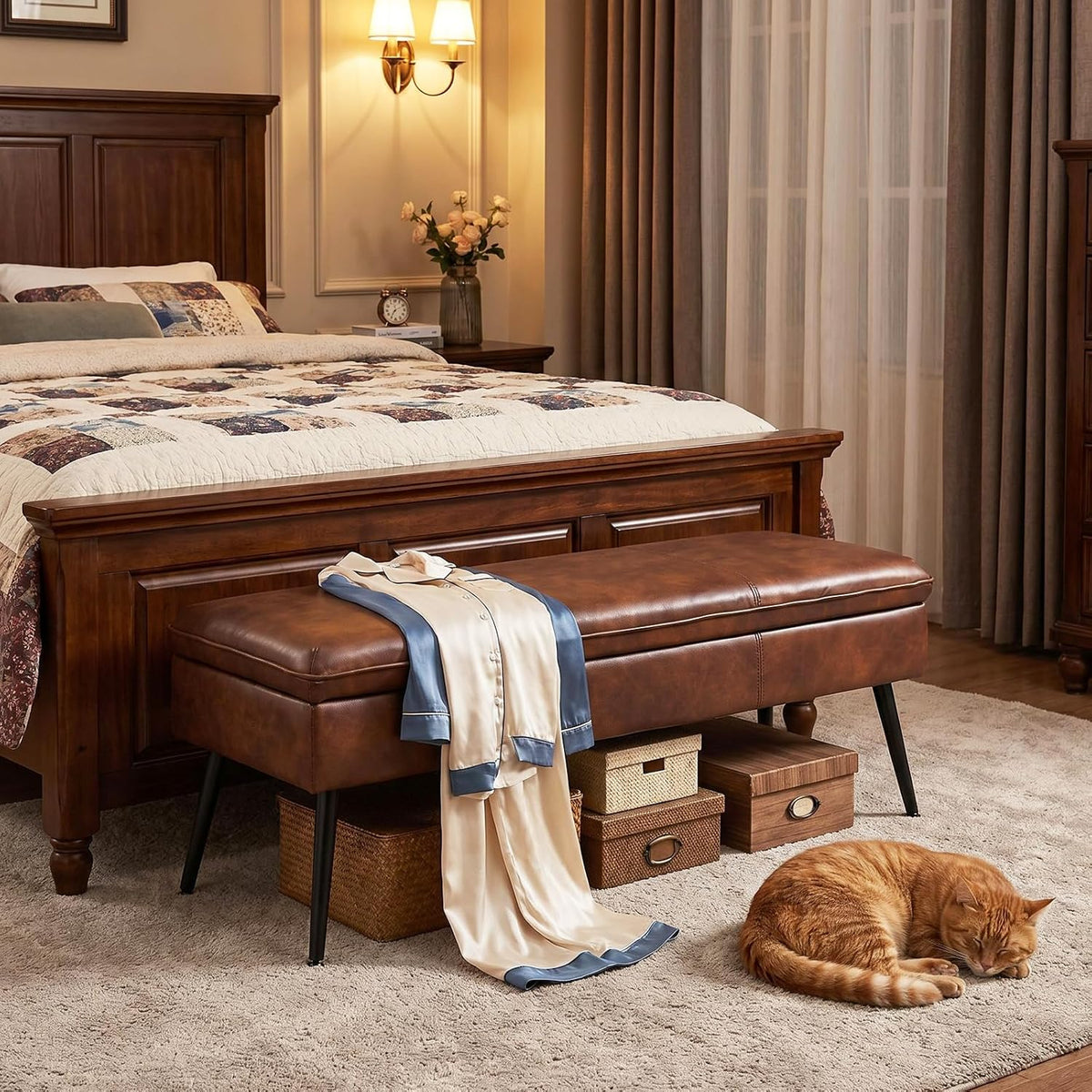 Ottoman with Storage Bench, Upholstered Large Entry Bench Brown | 43.3" Mid-Century Modern End of Bed Bench w/ Flip-Lid Metal Legs Padded Seat for Living Room Bedroom Entryway, Faux Leather