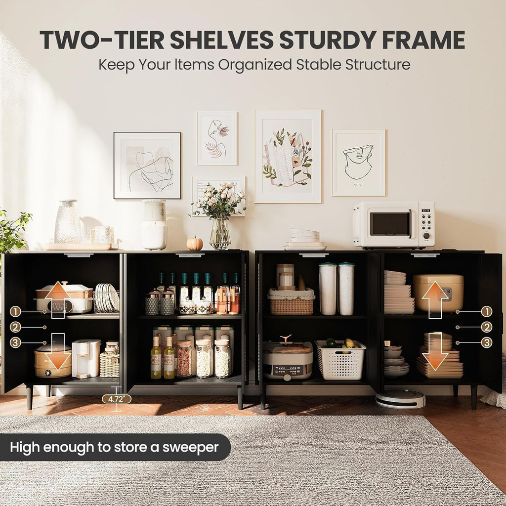 Patikuin Rattan Sideboard Buffet Cabinet, Boho Accent Storage Cabinet, 4 Doors Console Table Coffee Bar with Power Outlet, Adjustable Shelves for Kitchen, Dining Room, Hallway, Living Room (Black_2)