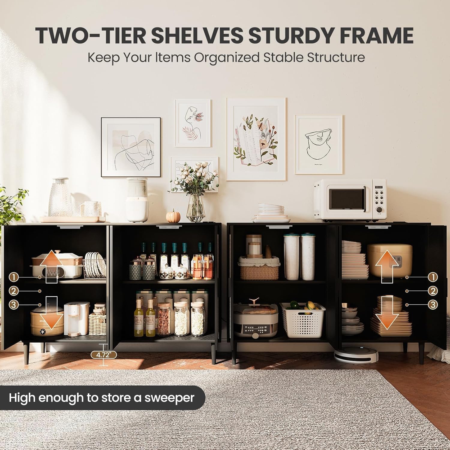 Patikuin Rattan Sideboard Buffet Cabinet, Boho Accent Storage Cabinet, 4 Doors Console Table Coffee Bar with Power Outlet, Adjustable Shelves for Kitchen, Dining Room, Hallway, Living Room (Black_2)
