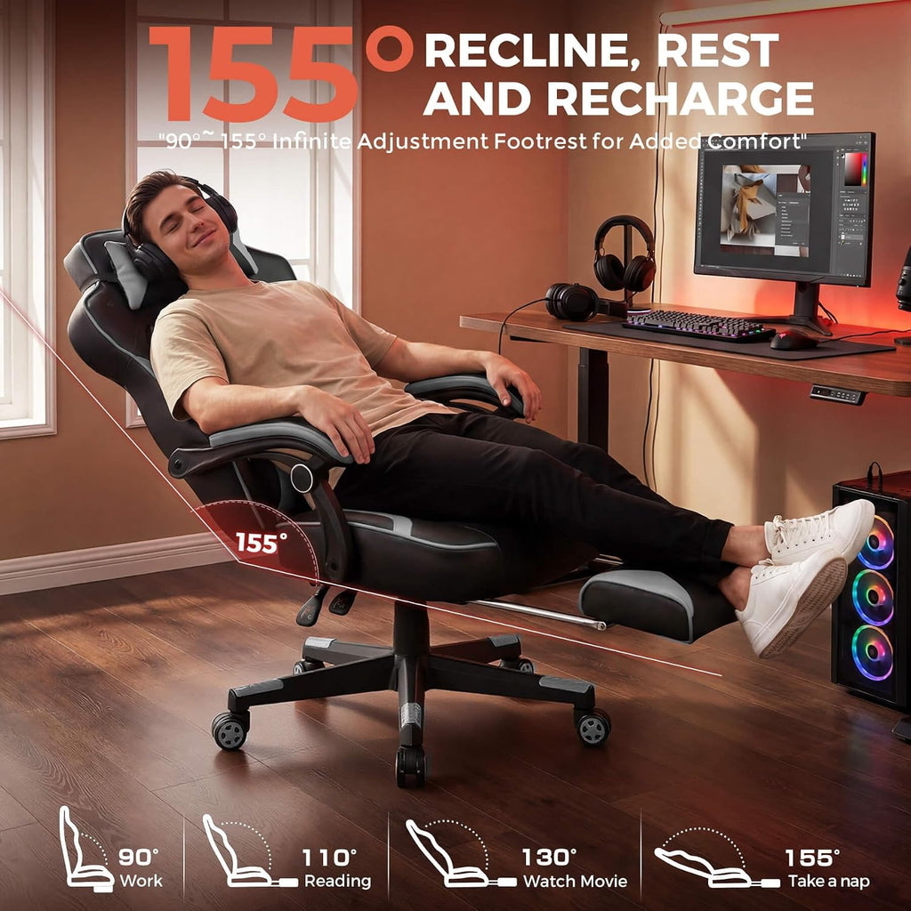 GTPLAYER Gaming Chair for Adults, Big and Tall 350LBS Heavy Duty Office Chair, Ergonomic High Back Lumbar Support and Recliner for Back Pain Relief, Sky Gray