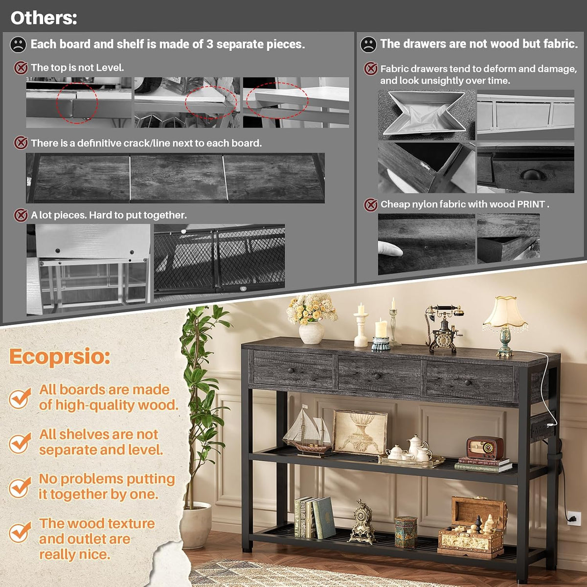 Ecoprsio Entryway Table with Power Outlets, 47" Console Table with Drawers | Sofa Tables Narrow Long, Behind Couch Table Entry Way Table with Shelves Storage for Living Room, Hallway, Grey Oak