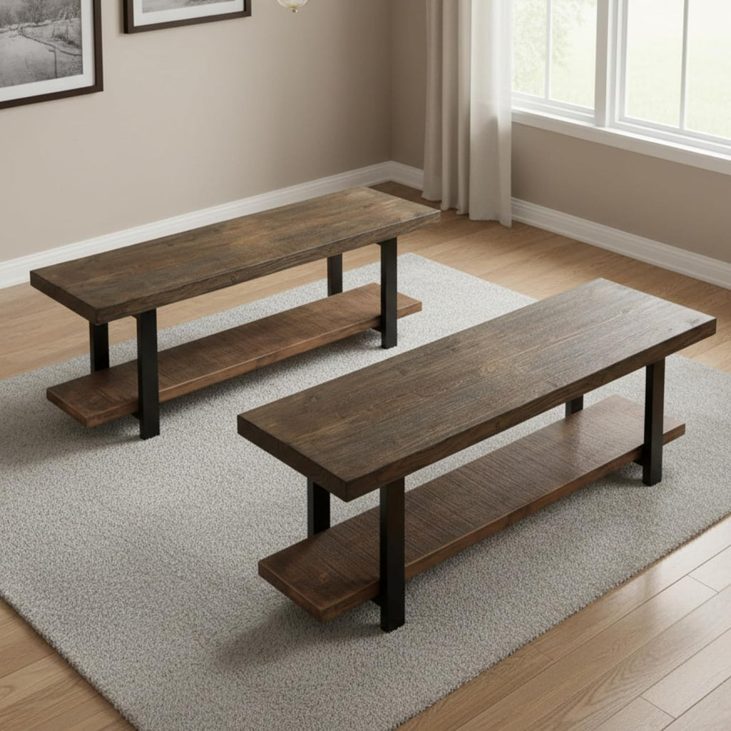 Alaterre Furniture Pomona Dining Bench Set of 2-48-Inch Modern Industrial Solid Wood Indoor Benches with Open Bottom Storage Shelf - Seating for Kitchen, Dining Room, and Living Room (Rustic Brown)