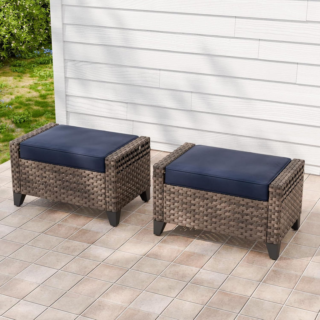 2 Pieces Modern Outdoor Wicker Patio Footstools, Multipurpose PE Rattan Ottomans Set for Poolside, Backyard and Balcony, Brown/Blue