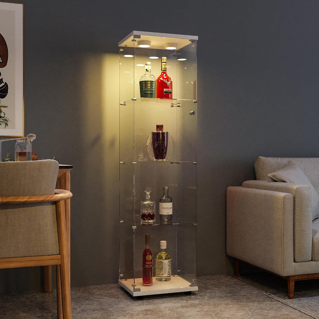 FANYUSHOW Display Cabinet with Glass Door and LED Light, 4-Tier Tempered Glass Display Shelf, Glass Curio Cabinet Collection Display Case, Display Case Cabinet, White 64.7" H x 16.7" L x 14.37" W