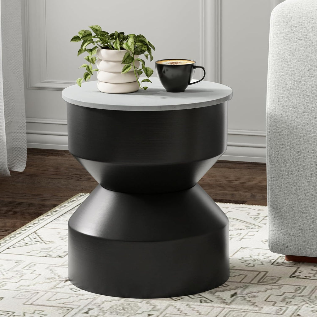 SIMPLIHOME Maxine Side Table - 18 inch Wide Genuine Marble Top Round Accent Table in Black/White, Modern End Table or Metal Table with Black Base for Living Room or Bedroom, Assembled