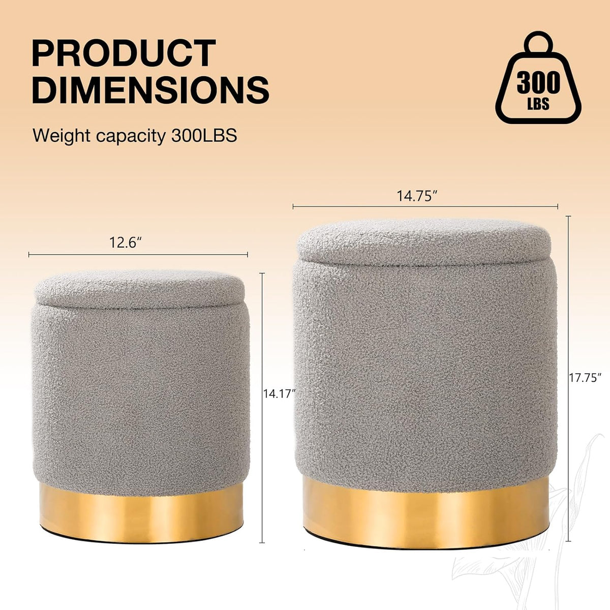 YYW HOME Sherpa Round Ottoman Set of 2 with Storage, 12 Gallon Hidden Storage Ottoman, Multi-Functional Footrest Stool, Vanity Seat, Coffee Table, No Assembly Required, Holds 300lbs (Gray)