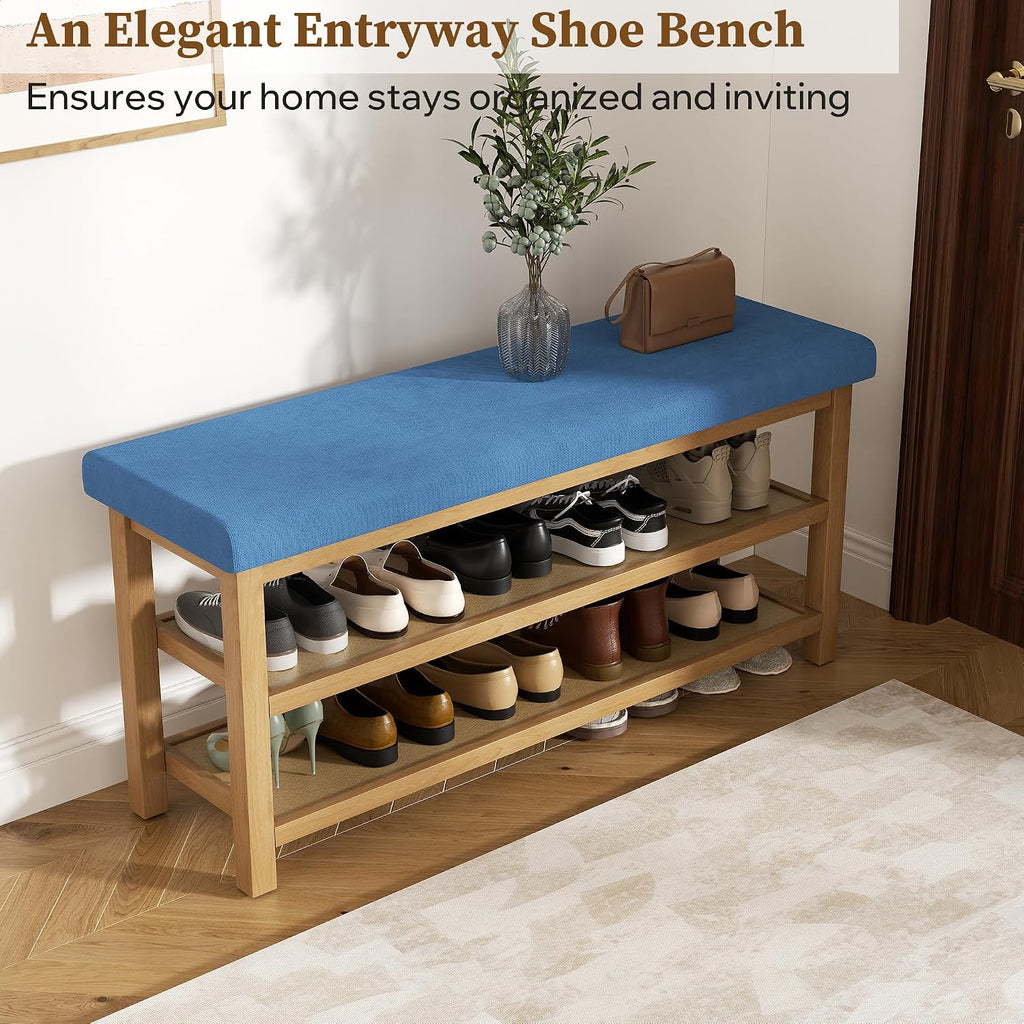 2 Tier Shoe Rack Bench with Cushion, Rubberwood Shoe Benches, Mid-Century Modern Shoe Storage Bench for Entryway, Hallway, Living Room, Closet, Front Door Entrance, Blue