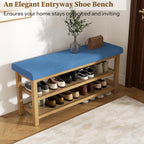 2 Tier Shoe Rack Bench with Cushion, Rubberwood Shoe Benches, Mid-Century Modern Shoe Storage Bench for Entryway, Hallway, Living Room, Closet, Front Door Entrance, Blue