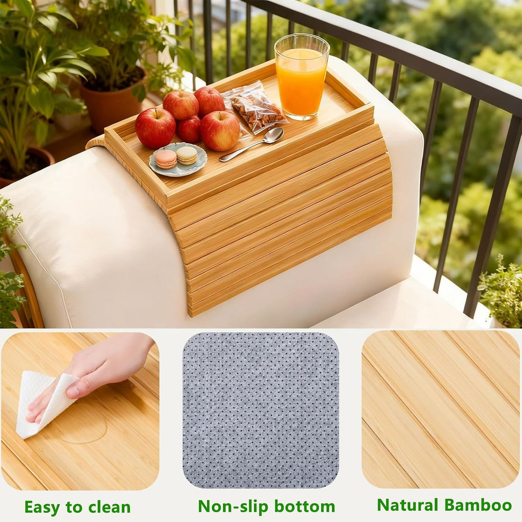 Bamboo Couch Arm Tray Table, Foldable Sofa Rest with Non-Slip Base Portable Armchair Cup Phone Holder for Drinks, Remote, Snacks Fits Most Recliners Couches, Easy-Clean Surface(Bamboo)