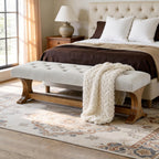 LITTLE TREE 55" Upholstered End of Bed Bench, Solid Wood Tufted Entryway Bench, Farmhouse Ottoman with Cushion for Bedroom, Foot of Bed, Living Room, Hallway, Light Gray