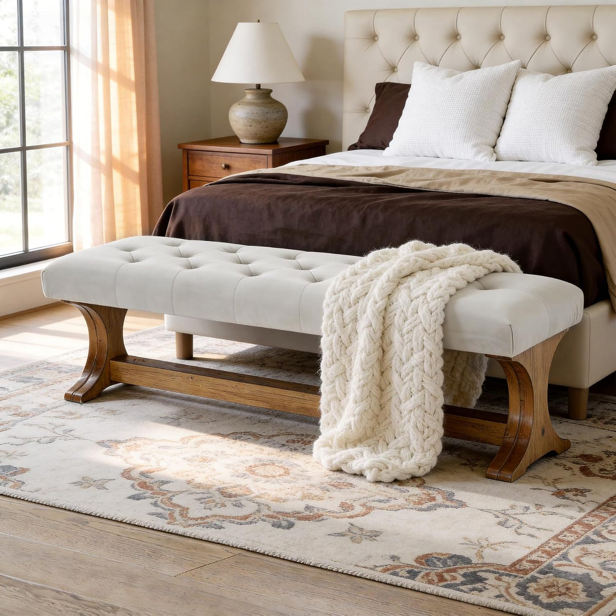 LITTLE TREE 55" Upholstered End of Bed Bench, Solid Wood Tufted Entryway Bench, Farmhouse Ottoman with Cushion for Bedroom, Foot of Bed, Living Room, Hallway, Light Gray