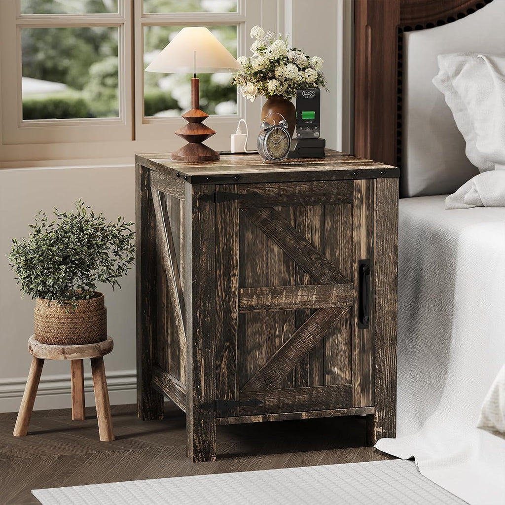 Takywep 18 Inch Nightstand with Charging Station, Farmhouse Wooden Bedside Table with Barn Door and Adjustable Shelf, 2-Tier End Table for Bedroom Living Room, Dark Brown