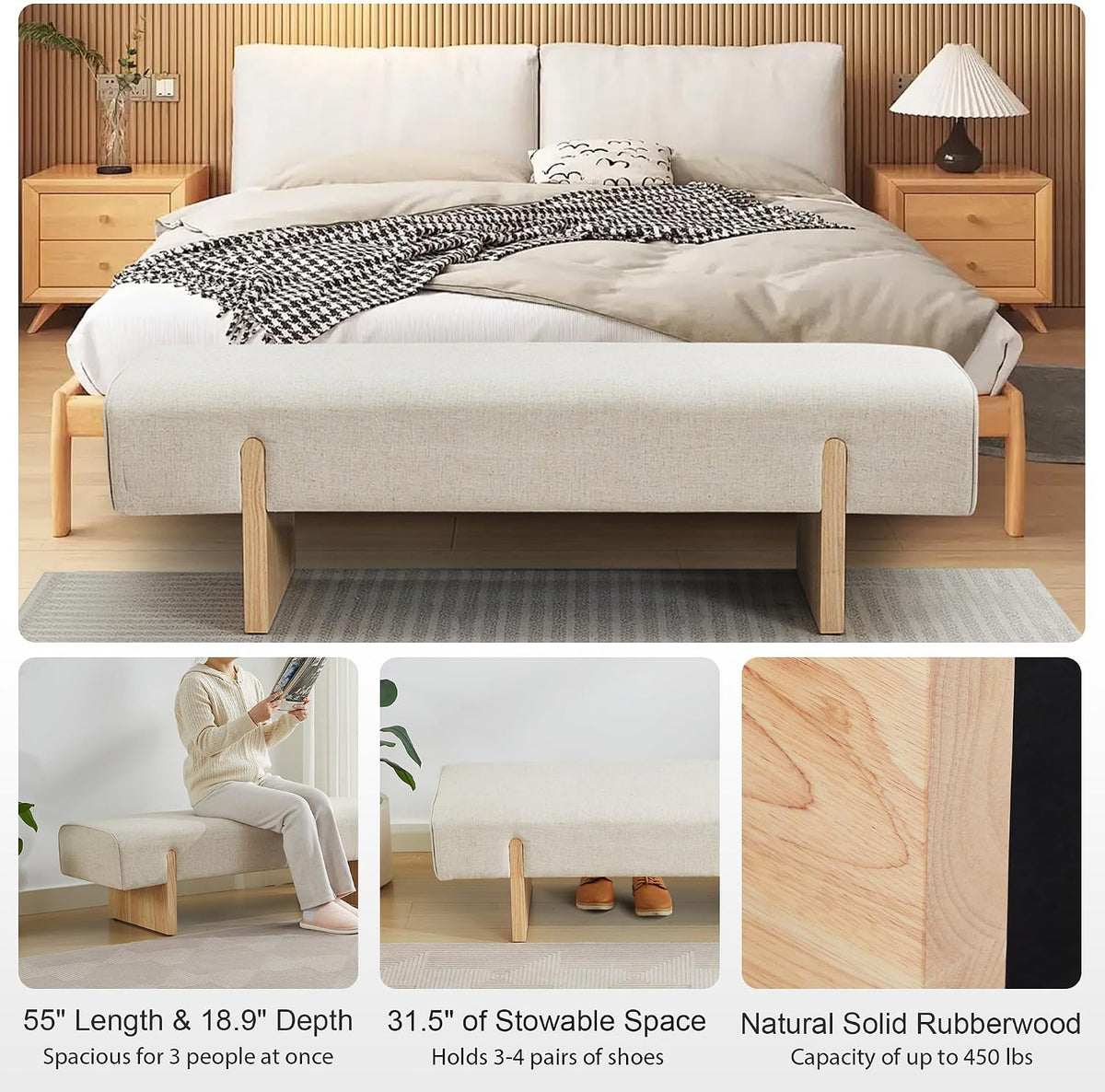 Zesthouse Solid Wood Bench for Bedroom, 55'' Upholstered Linen Fabric End of Bed Bench Queen Size, Modern Wooden Entryway Bench with Rubberwood Leg & Padded Cushion, Long Ottoman Bench Seat Indoor