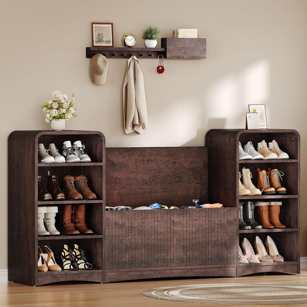 Shoe Cabinet with Bench, U-Shaped Shoe Storage Bench, Tall Shoes Cabinet with Adjustable Shelves, 63" W Lift-Top Blanket Chest with Storage, for Entryway, Living Room, Hallway, Espresso