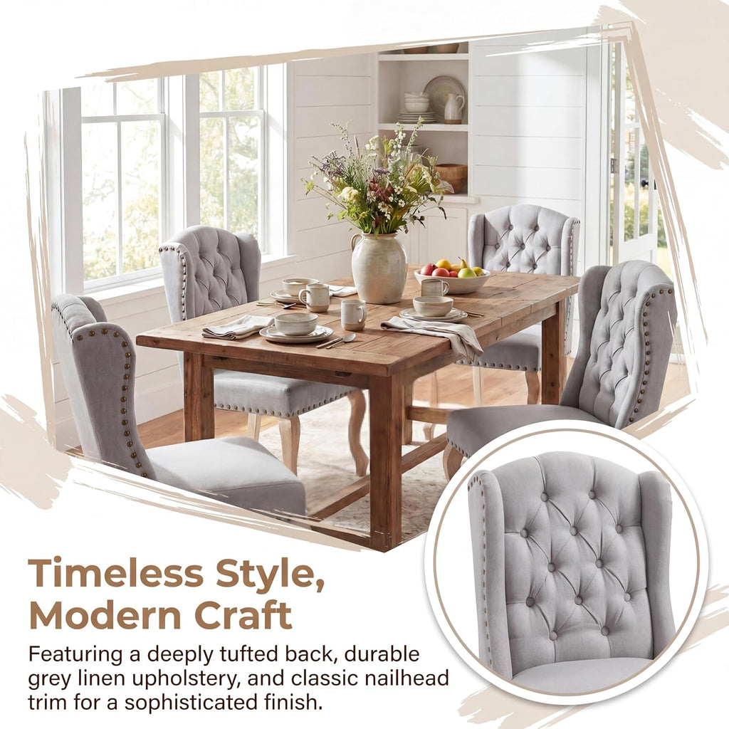 chairus Tufted Upholstered Parsons Dining Chairs Set of 6, Grey Linen | Linen Upholstery, Tufted Wingback, Solid Wood Legs, Nailhead Trim, High Back, French Country Kitchen Chairs for Dining Space