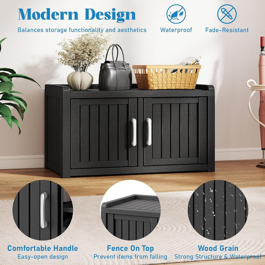 NUNU LAB Shoe Cabinet, Waterproof UV-Resistant Shoe Storage Cabinet with Adjustable Shelves, Entryway Shoe Organizer Bench with 2 Barn Doors for Foyer, Hallway, Living Room, Black