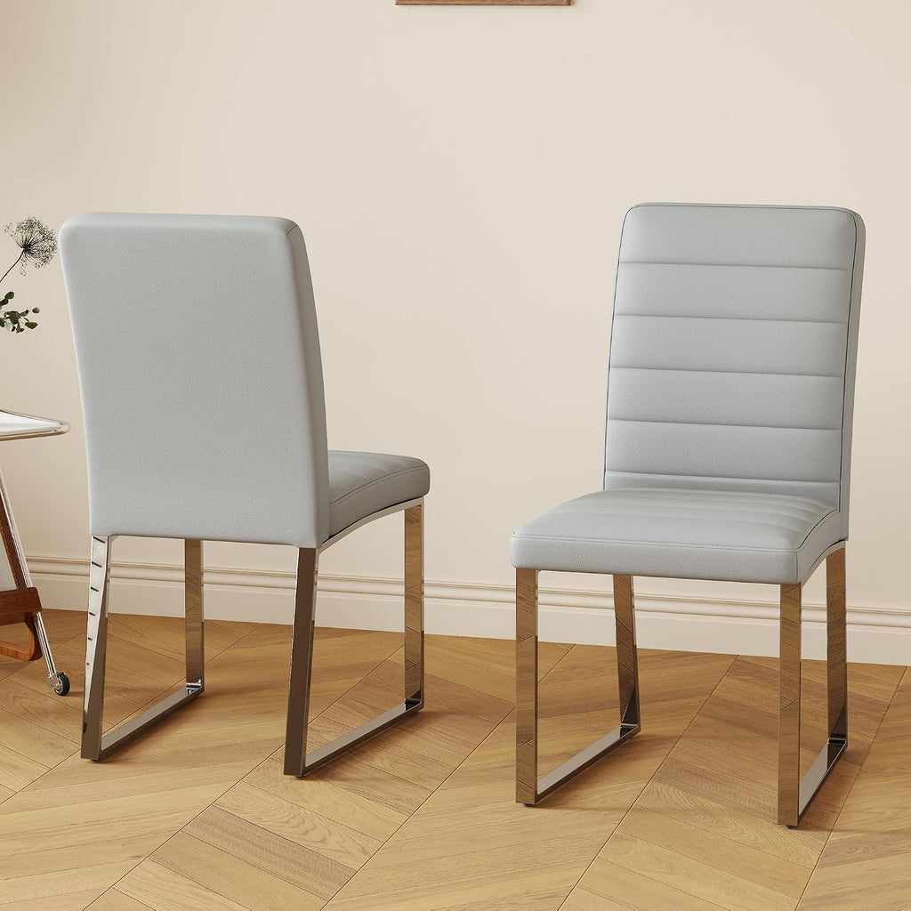 Hommoo Dining Chairs Set of 4, Faux Leather Upholstered Kitchen Chairs, Padded Seat Armless Dining Room Chair with Metal Leg, Modern Dinner Chair for Restaurant Living Room Grey