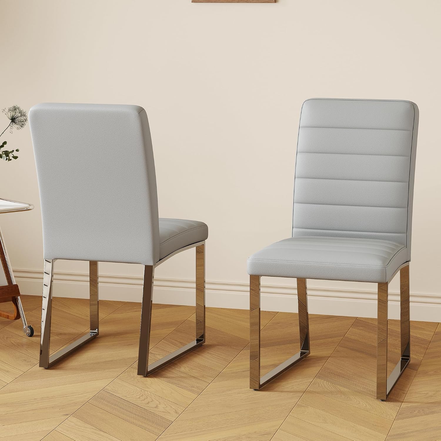Hommoo Dining Chairs Set of 4, Faux Leather Upholstered Kitchen Chairs, Padded Seat Armless Dining Room Chair with Metal Leg, Modern Dinner Chair for Restaurant Living Room Grey