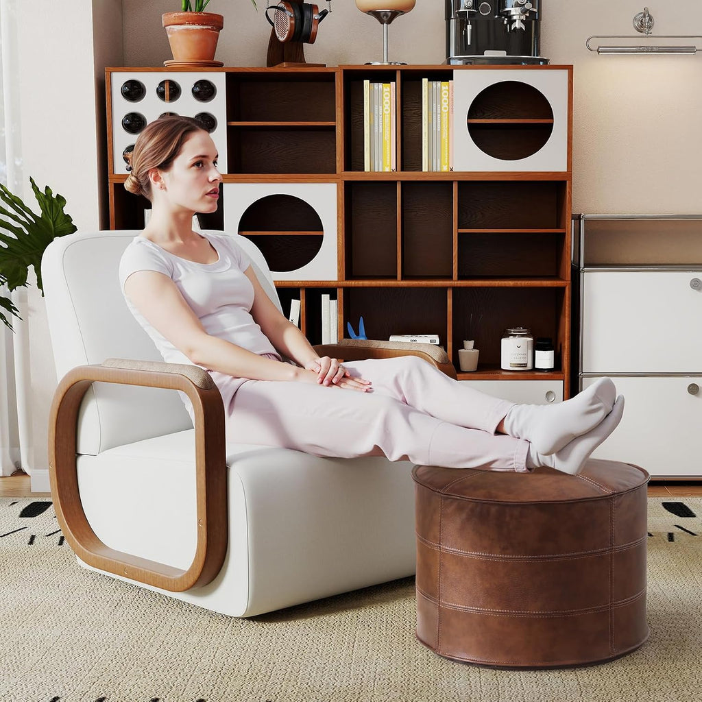 Couchus Genuine Leather Ottoman, Square Pouf Footstool (Round, Brown) | Modern Upholstered Ottoman, Floor Pouf for Living Room, Bedroom