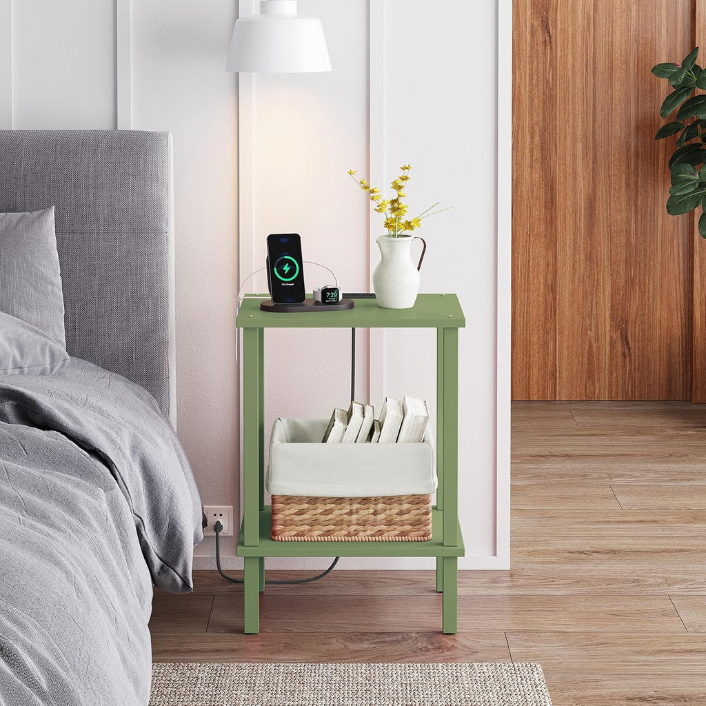 TUTOTAK End Table with Charging Station, Small Side Table with Outlets, Nightstand Bedside Table, 2-Tier Storage Shelf for Small Space, Living Room, Bedroom, Olive Green TB01BOG040