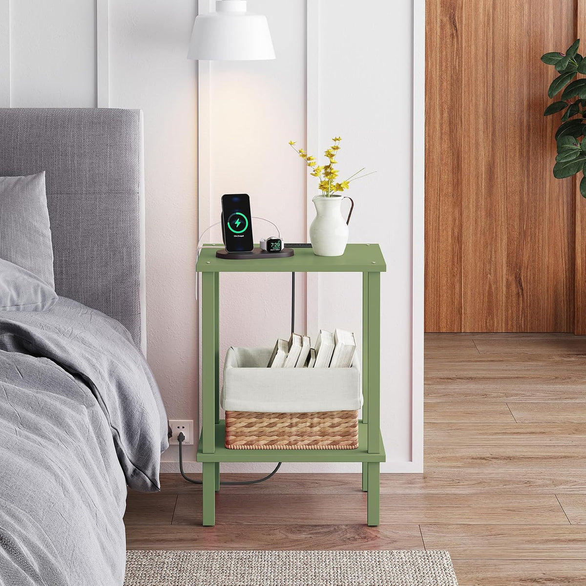 TUTOTAK End Table with Charging Station, Small Side Table with Outlets, Nightstand Bedside Table, 2-Tier Storage Shelf for Small Space, Living Room, Bedroom, Olive Green TB01BOG040