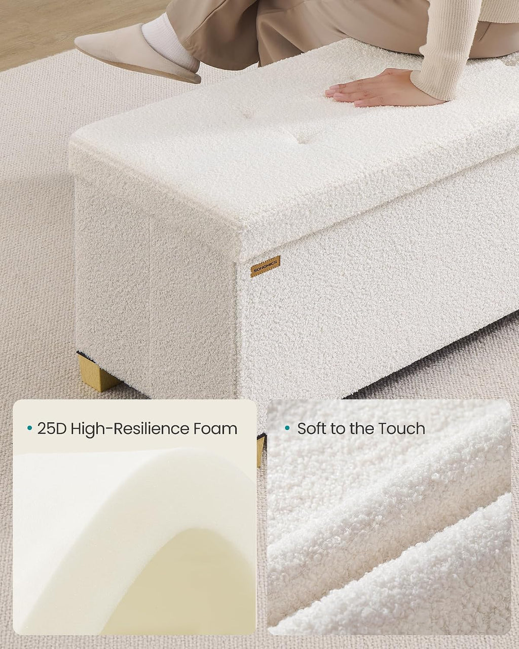 SONGMICS Storage Ottoman Bench with Legs, Flipping Lid, 43.3 Inches | Folding Ottoman Foot Rest, Teddy Fleece, for Living Room, Bedroom, Entryway, Cream White, Mazie Collection ULSF081WD01