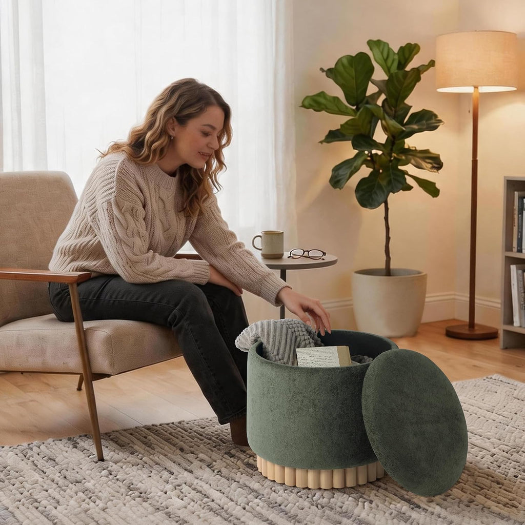 Get Set Style Round Ottoman with Wooden Base, Storage Vanity Stool for Makeup, Upholstered Footrest Stool Ottoman Foot Stool for Living Room, Bedroom