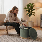 Get Set Style Round Ottoman with Wooden Base, Storage Vanity Stool for Makeup, Upholstered Footrest Stool Ottoman Foot Stool for Living Room, Bedroom
