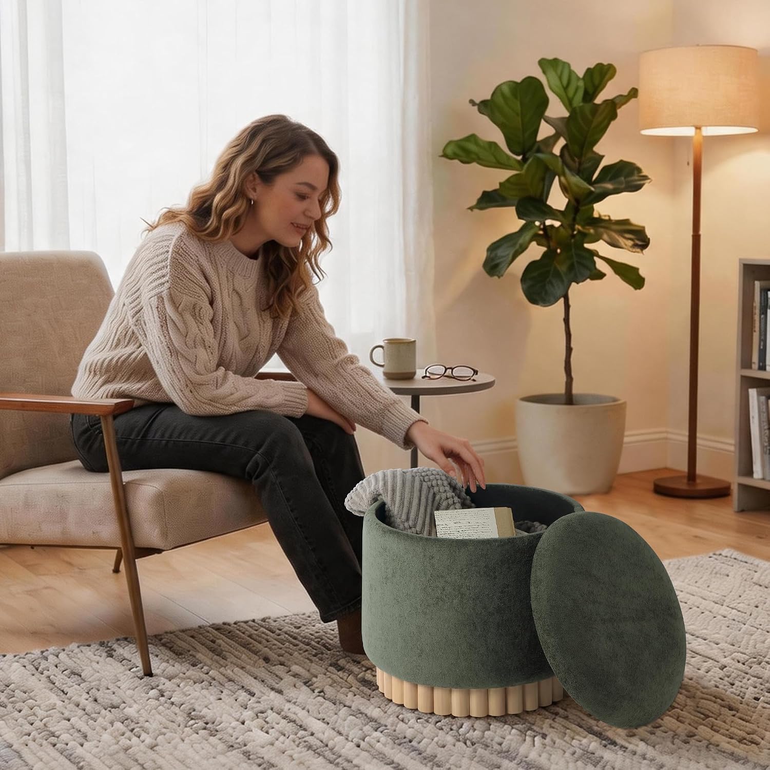 Get Set Style Round Ottoman with Wooden Base, Storage Vanity Stool for Makeup, Upholstered Footrest Stool Ottoman Foot Stool for Living Room, Bedroom