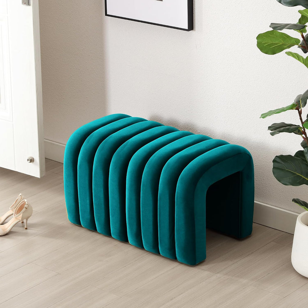 Flouki Small Ottoman Set of 2, Vanity Stools with Aesthetic Channel Tufted, Ottoman Foot Stool for Entryway, Upholstered Foot Rest Extra Seat for Living Room (Teal)