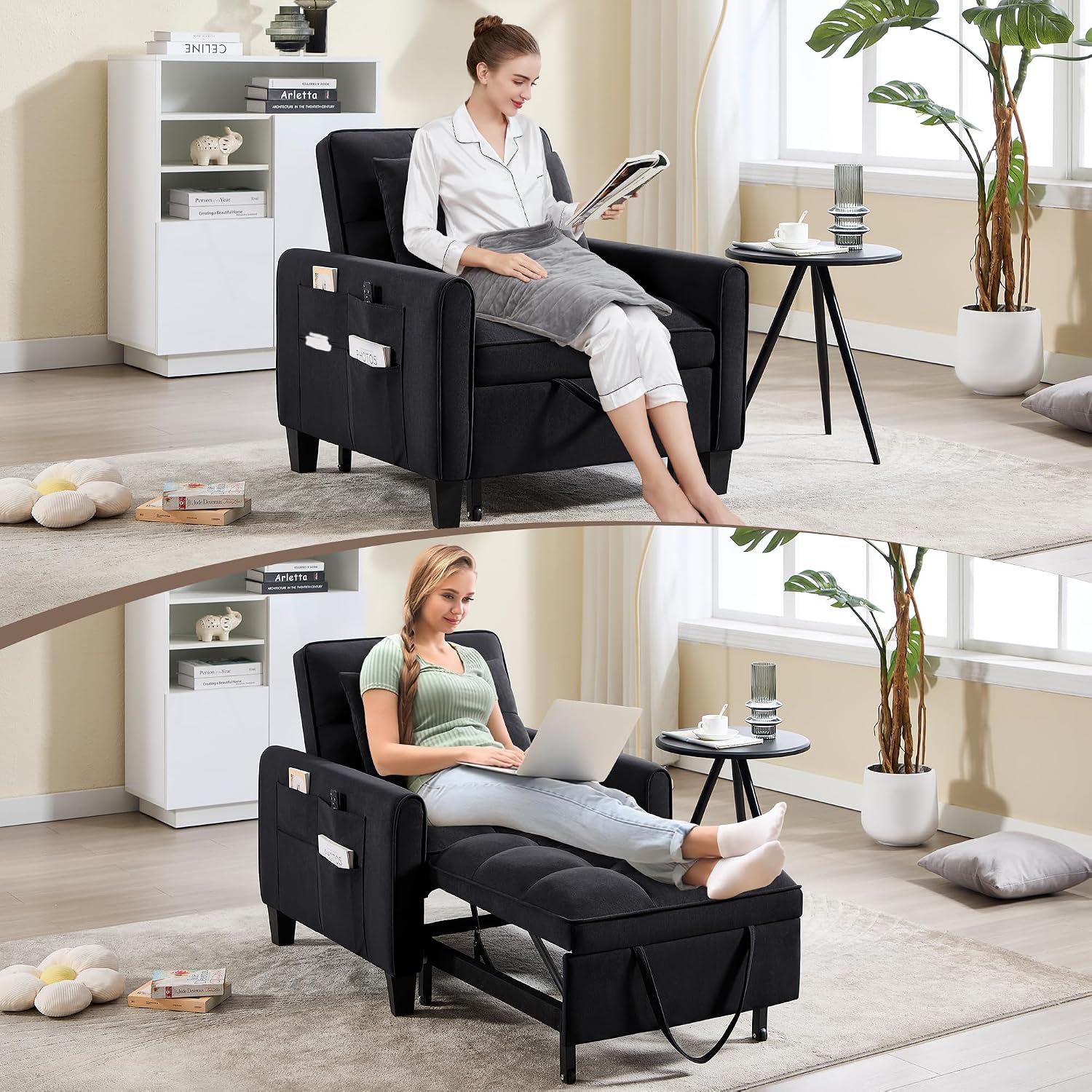 Convertible Sleeper Chair, 3 in 1 Sleeper Chair Bed Pull Out Sofa Bed Chairs, Single Sofa with Adjustable Backrest for Adults Reading Living Room, Bedroom, Velvet Black