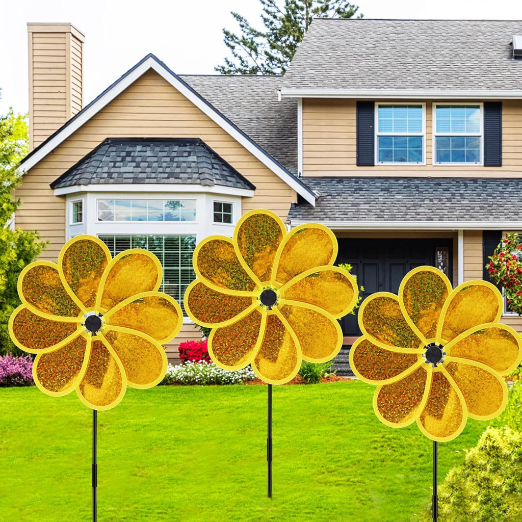 4PCS Flower Wind Spinner Sparkly Lawn Pinwheel 11.8 inch Yellow Garden Windmill for Garden, Party, Outdoor, Yard Decor