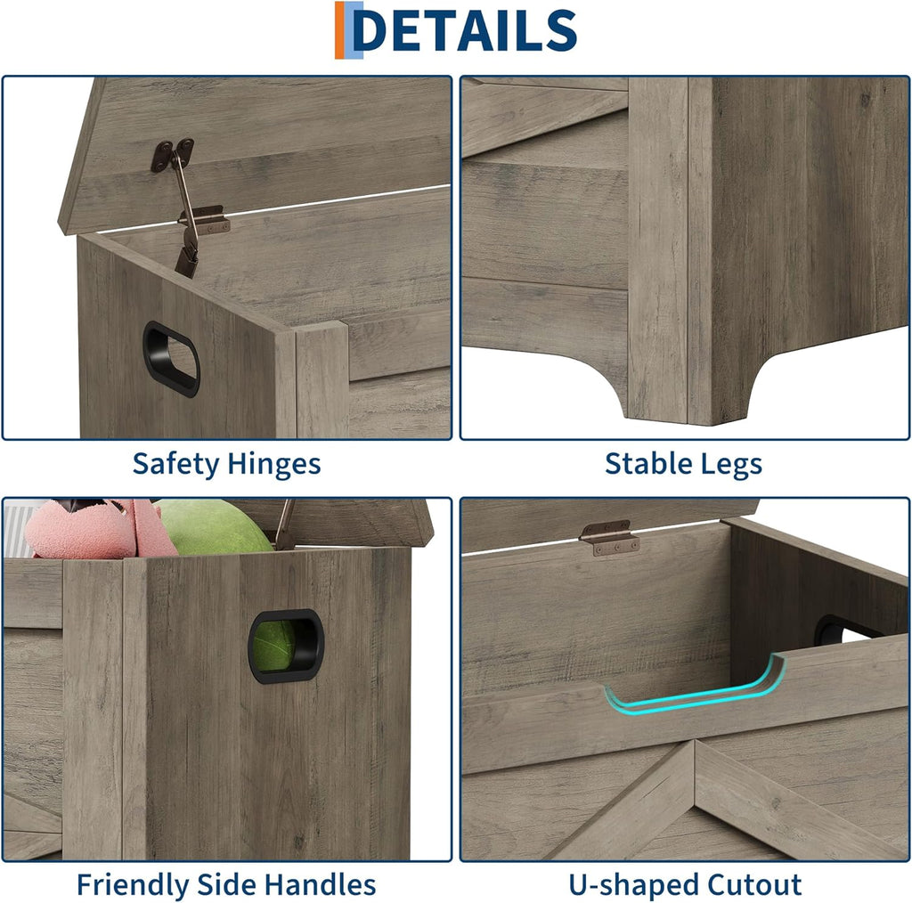 GAOMON Storage Chest, Storage Bench with Safety Hinge, Farmhouse Style Wooden Trunk for Entryway, Bedroom, Living Room, Washed Grey
