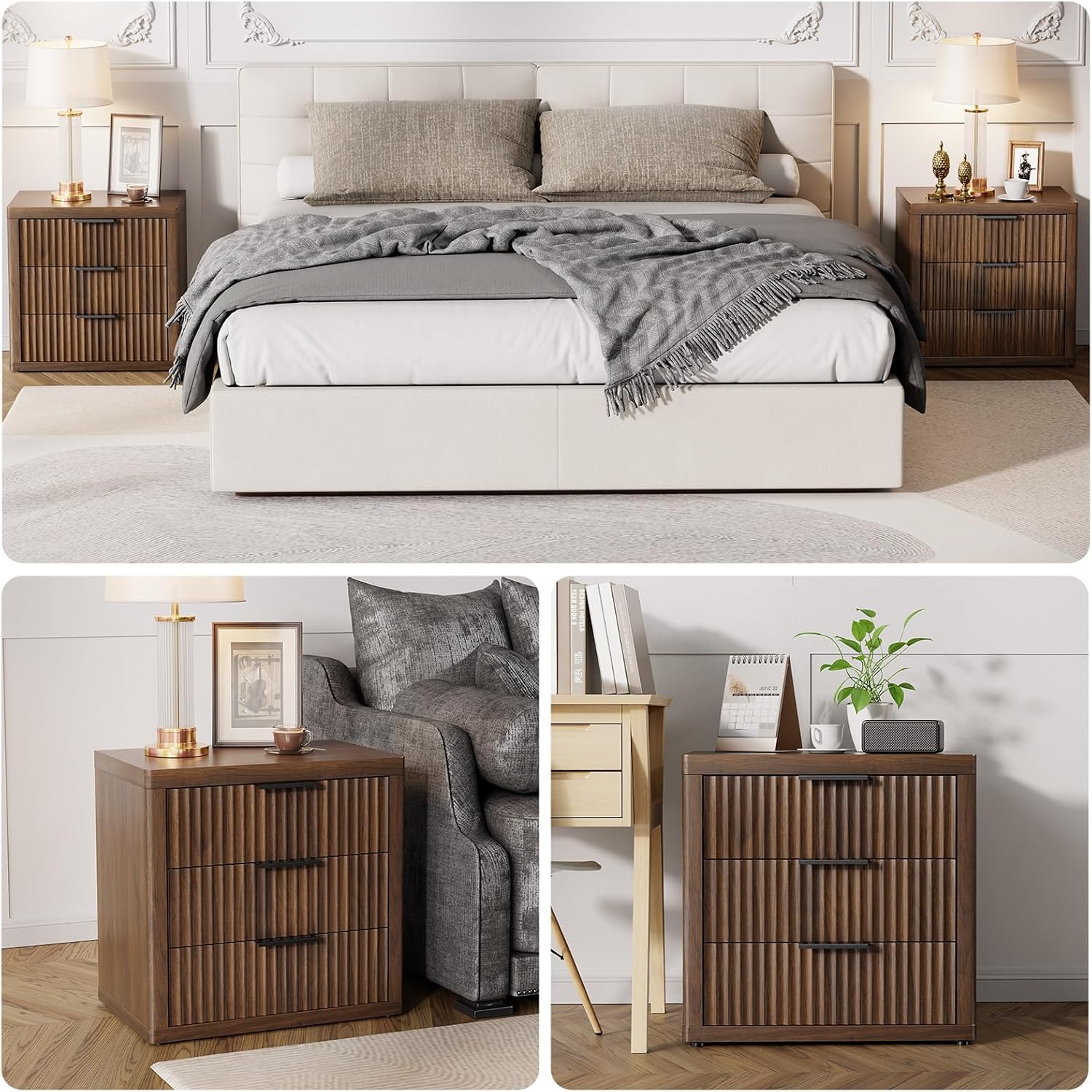 23" Wide Fluted Nightstands Set of 2, Bedroom End Table | Modern Nightstand, Metal Handle, Large Storage Bed Side Table for Bedroom, Living Room, Office, Walnut