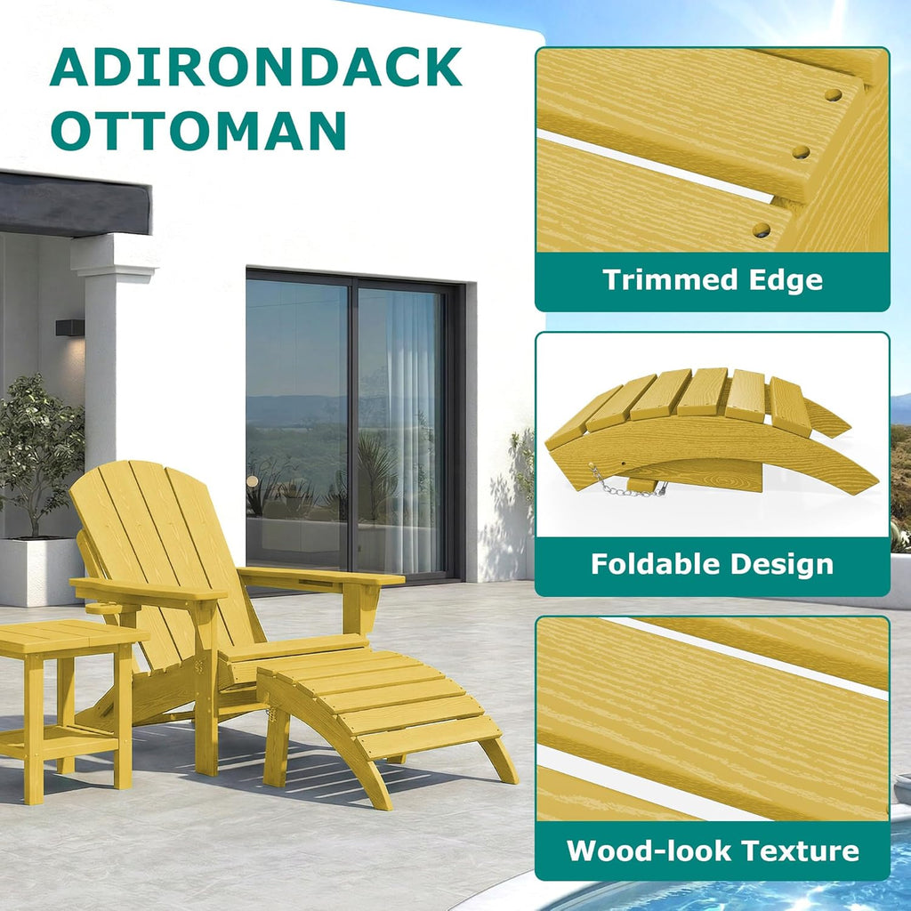 PLUUV Folding Adirondack Ottoman Footrest, All-Weather HDPE Outdoor Footstool for Adirondack Chair, Foldable Ottoman for Patio Backyard Pool Deck, Yellow