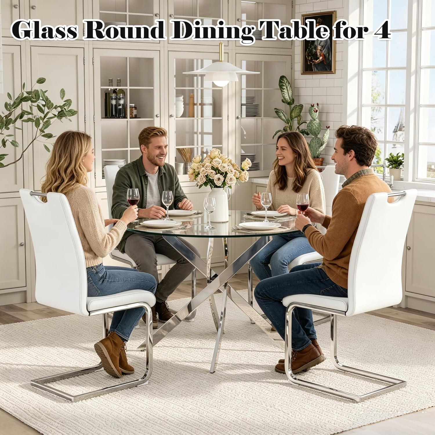 36-Inch Round Tempered Glass Dining Table for 2-4 Person Space-Saving Small Kitchen Table with Heavy-Duty Metal Legs Perfect for Dining Room, Apartment, Condo (Silver)