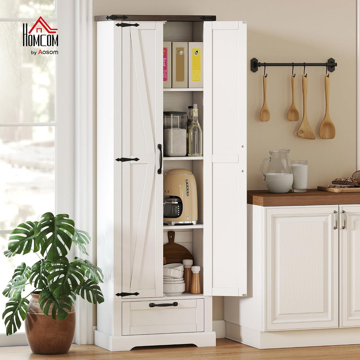 HOMCOM 71" Tall Kitchen Pantry Storage Cabinet Barn Doors Drawer White | Farmhouse, Adjustable Shelves, Freestanding Food Pantry Cabinet, for Kitchen, Dining Room