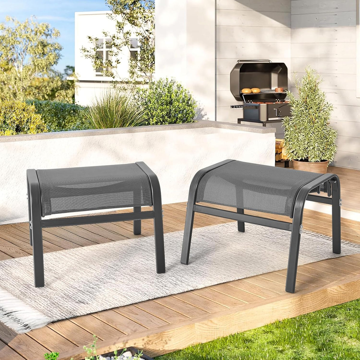 ONBRILL Outdoor Ottoman Set of 2, All Weather Outdoor Foot Stool with Supportive Textliene and Metal Frame, Stackable Oversized Outdoor Foot Rest for Furniture Patio Garden Pool, Grey