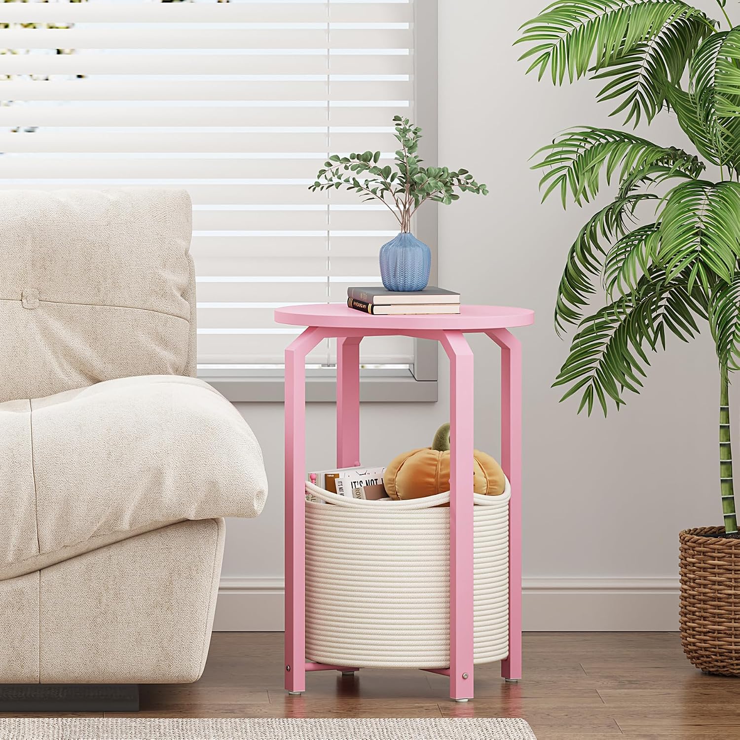 TUTOTAK Oval End Table with Woven Storage Basket, Pink Small Side Table for Living Room, Bedroom, TB01BP093