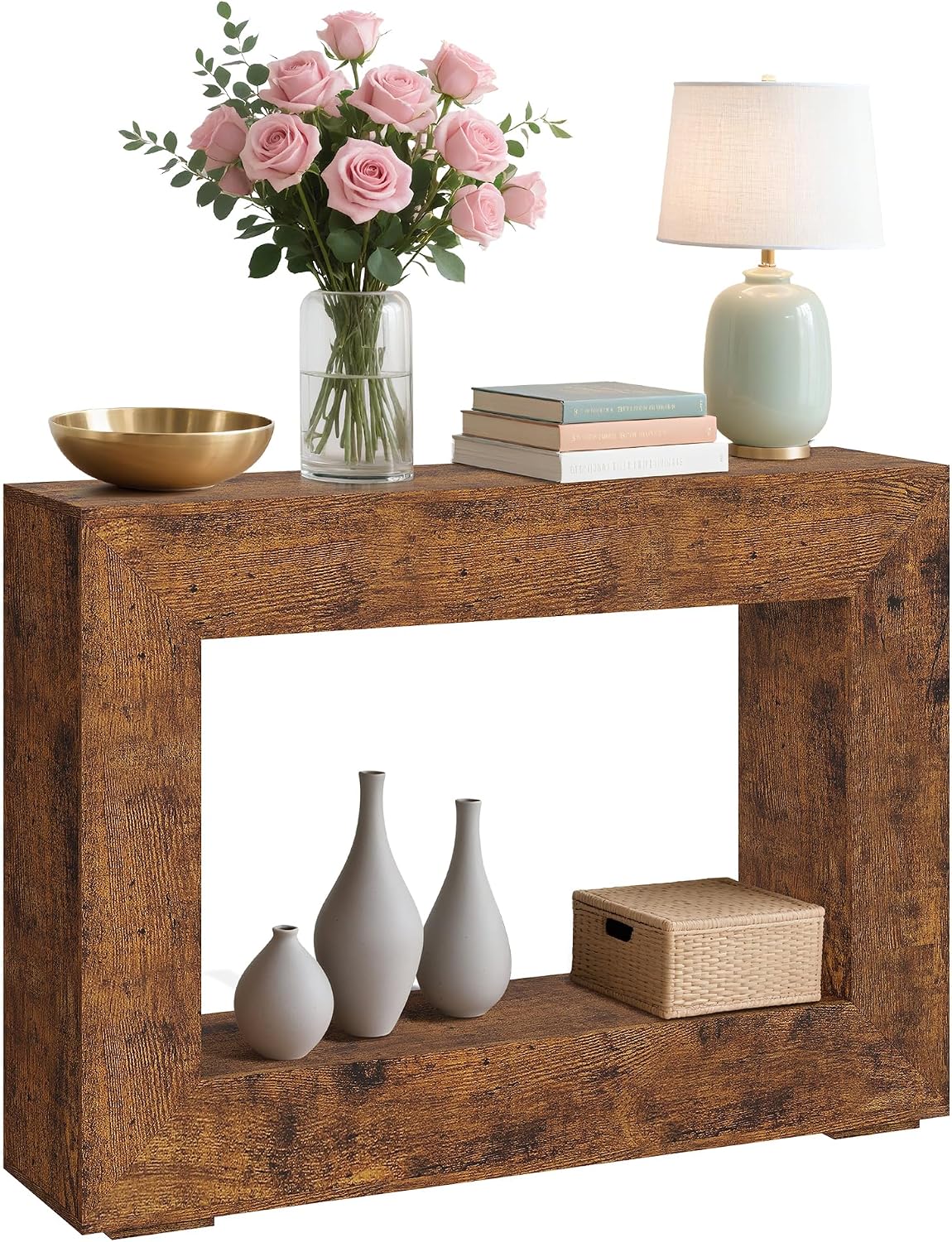 47" Farmhouse Console Table - Long Sofa Table Behind Couch, Wooden Entryway Table for Living Room, Hallway, Entrance, Rustic Rectangular Design, Brown
