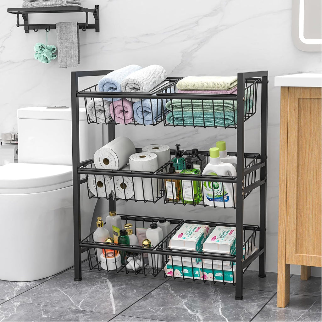 Hastatii Kitchen Storage Basket Shelf, Snack Basket Shelf, 3 Tier Fruit Vegetable Basket Stand, Metal Pantry Storage with 6 Stackable Wire Baskets, Black