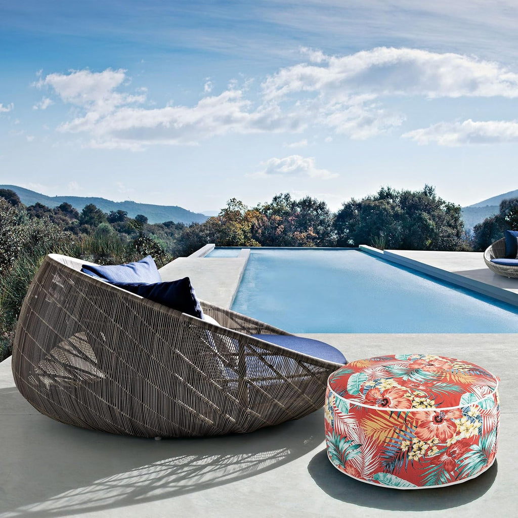Outdoor/Indoor Inflatable Ottoman Pouf D20 xH9, All Weather Round Footstool with Handle, Water Repellent Portable Footrest for Patio Garden Camping Travel-Chili Red Floral
