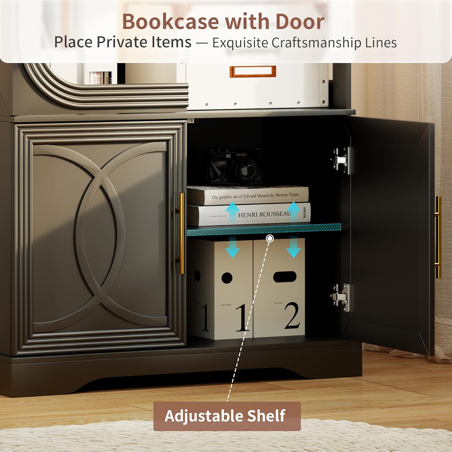69" Tall Display Cabinet with Glass Doors, Curio Cabinet with 3 LED Lights and Human Body Sensor, Glass Display Case with Storage Cabinet for Living Room, Black