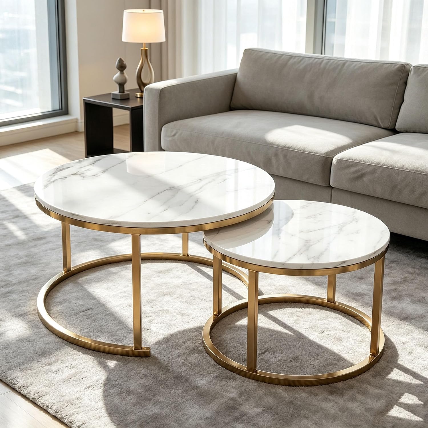 Nesting Tables Set of Round Coffee TableNesting Tables | Set of Round Coffee TableSmall Nesting Coffee Table with Adjustable Non-Slip Fee, White Marble Top Stack Nesting Tables
