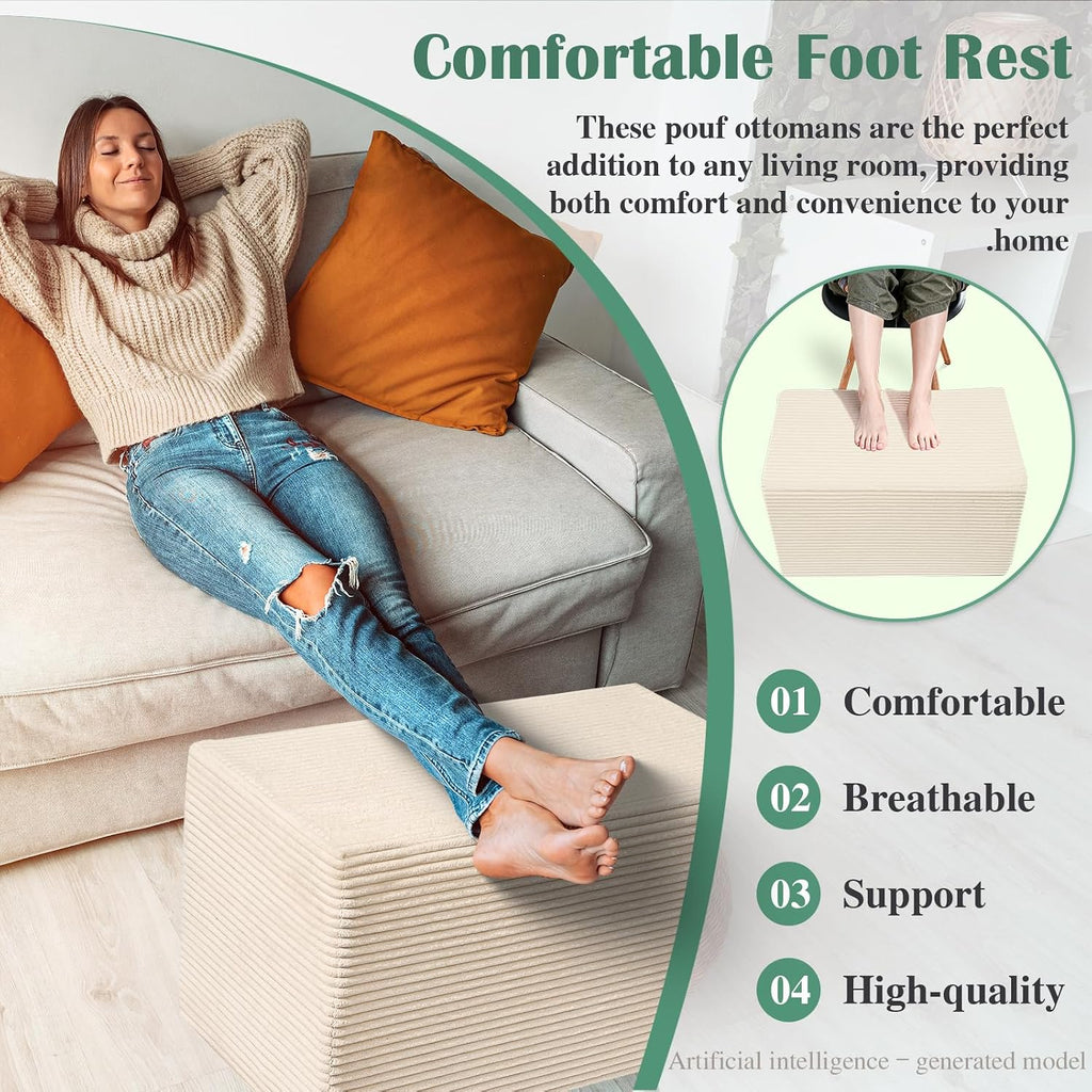 Rectangular Pouf Ottoman Soft Furry Corduroy Foot Rest for Chair | Stuffed Floor Pouf, Multi-use Ottoman for Living Room, Bedroom. Foot Rest Stool as Footrest, Extra Seat, or Side Table