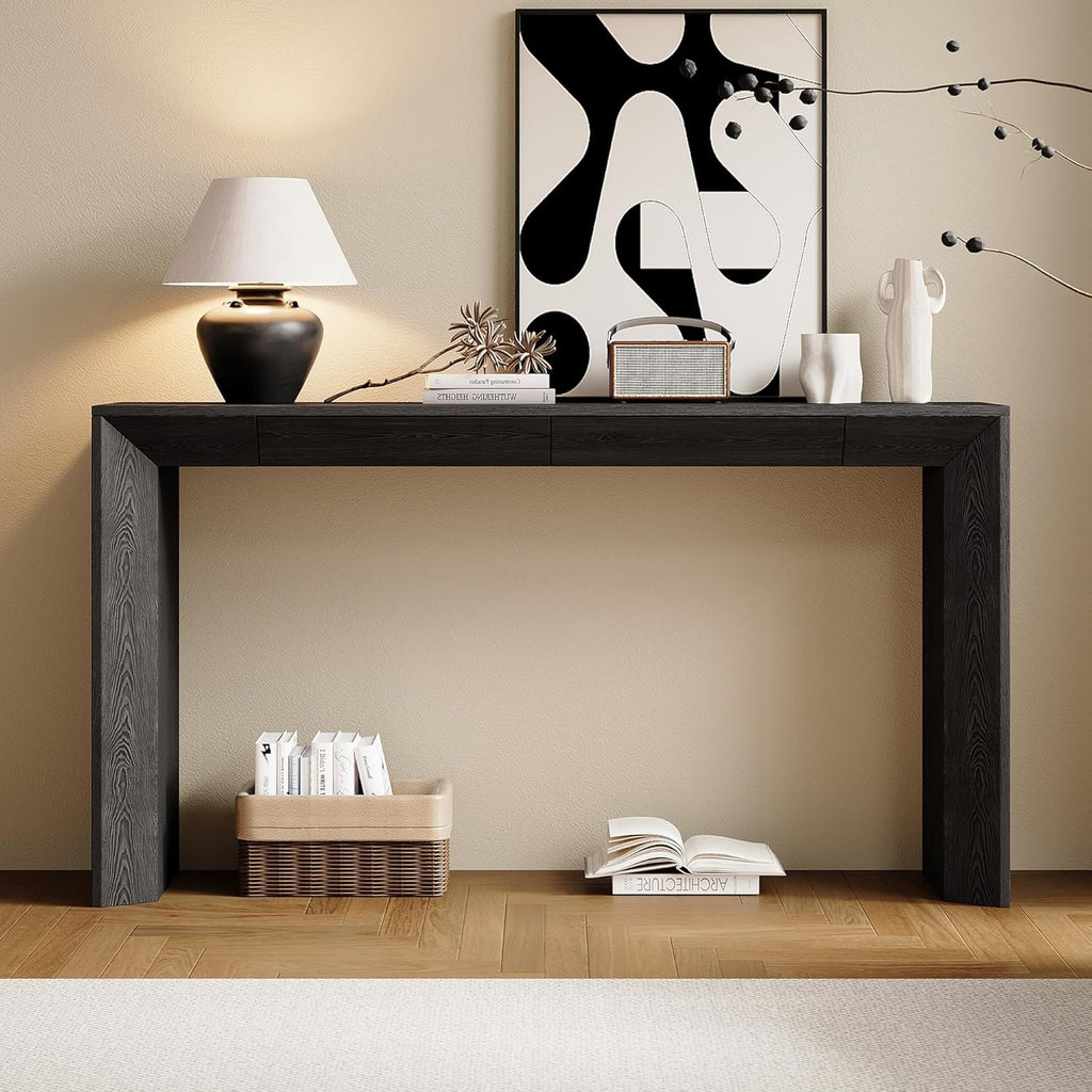 LKTART 60" Modern Farmhouse Console Table with 2 Drawers, Sofa Table Behind Sofa, Wooden Entryway Table for Living Room, Entryway & Foye,Black