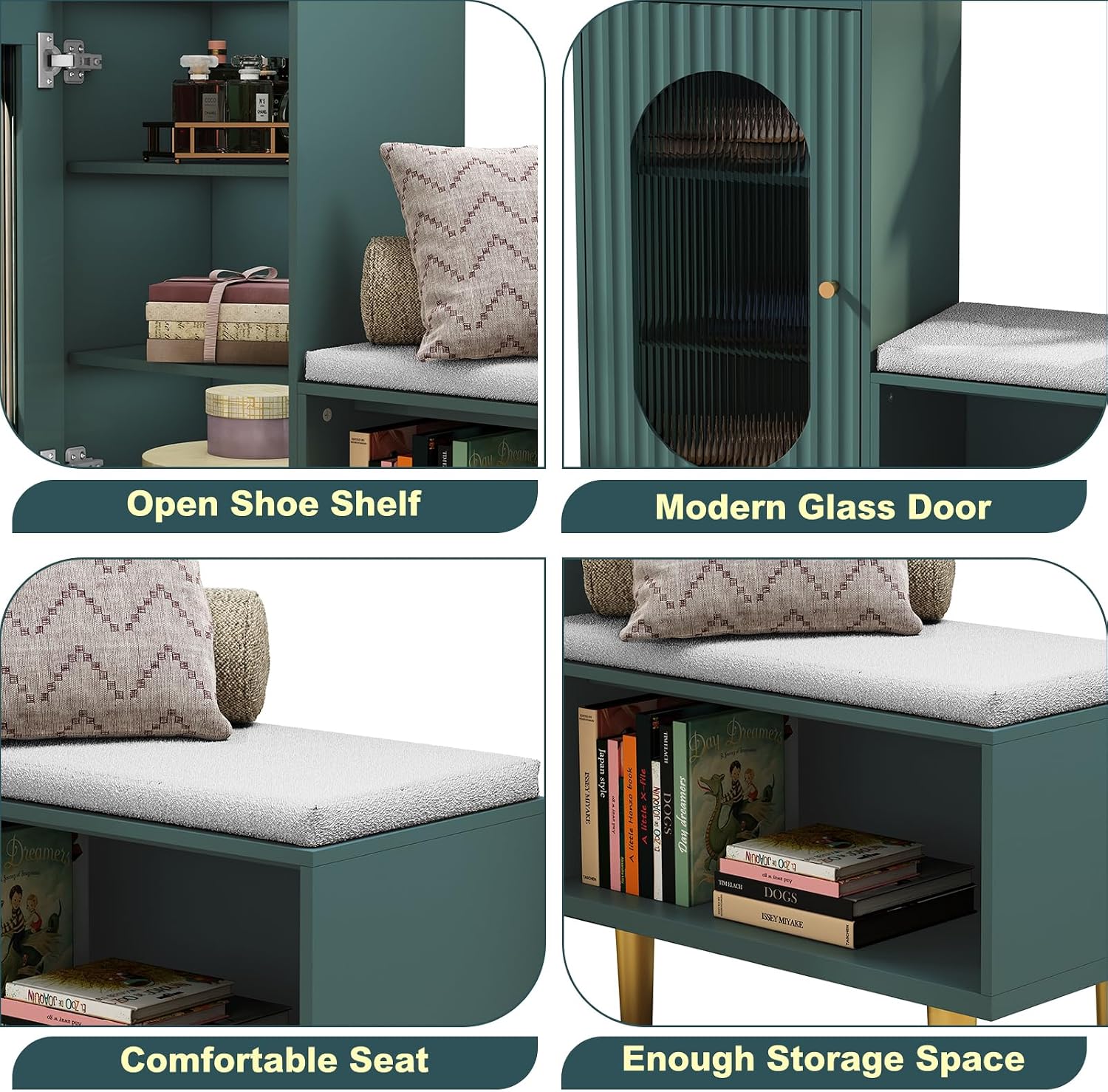 HLR Shoe Storage Bench with Glass Door&Shelf, L-Shaped Shoe Cabinet, Green | Modern Entryway Shoe Organizer with Padded Seat, Storage Cabinet for Hallway, Bedroom, Living Room, Office