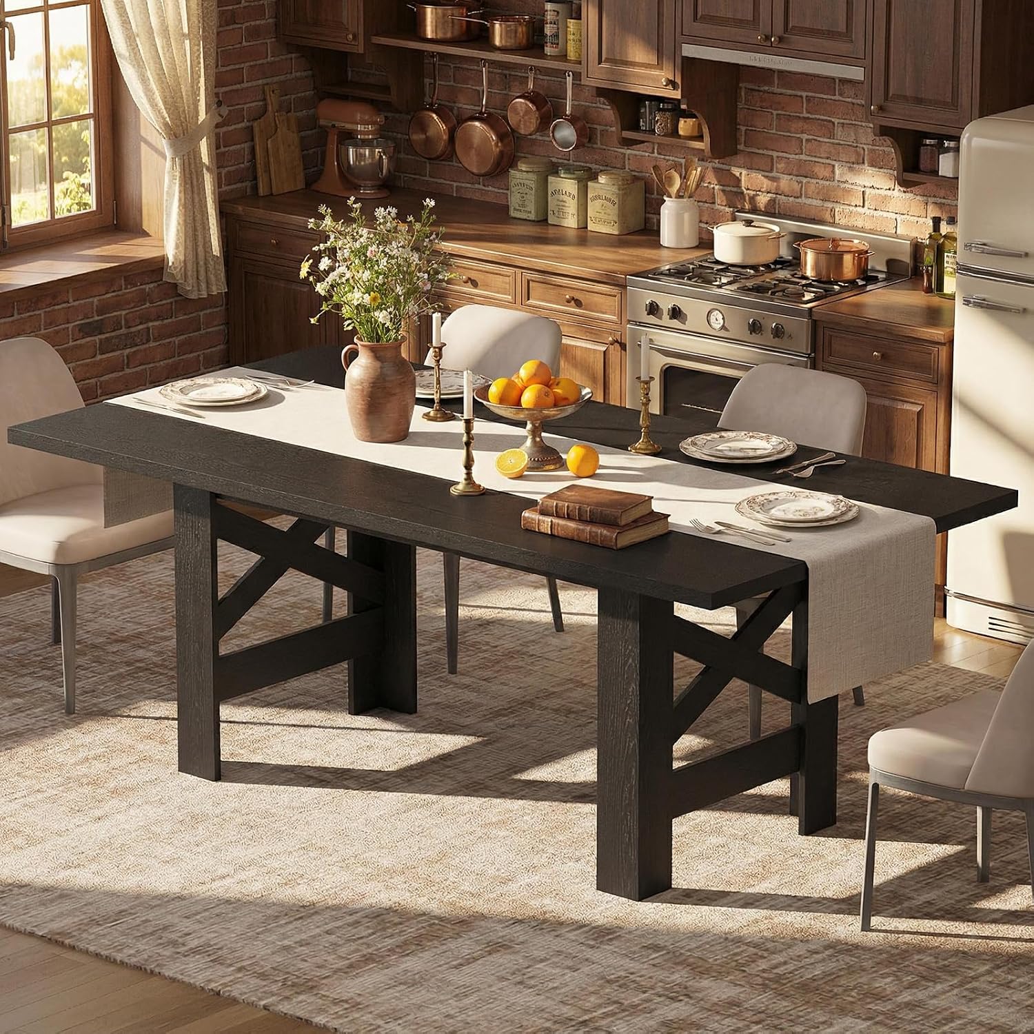 IDEALHOUSE 71" Long Dining Table for 6-8, Farmhouse Wooden Barn Kitchen Table for 6, Triangular Legs, Large Dining Room Table w/Thick Tabletop, Sturdy Frame, for Dinner, Kitchen, Office, Rustic Black
